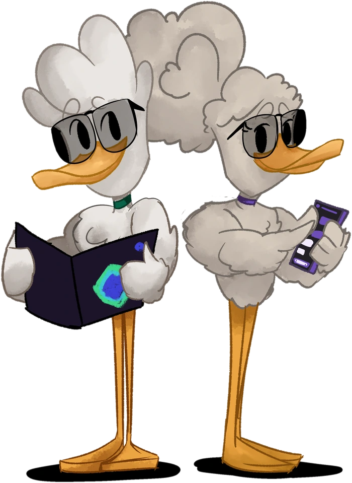 Pato e pata com os livros do Guia